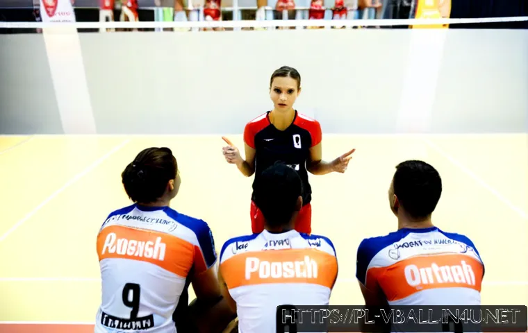 배구 경기 전술적 변화 - Photorealistic indoor volleyball match in a modern Polish sports hall, tactical timeout moment with ...