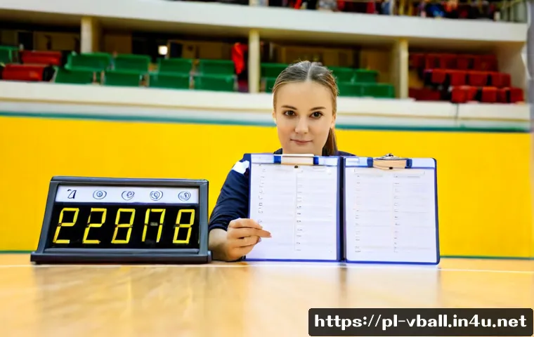 배구 대회에서의 기록 관리 - Photorealistic indoor volleyball tournament record management scene in Poland, focused on a female s...