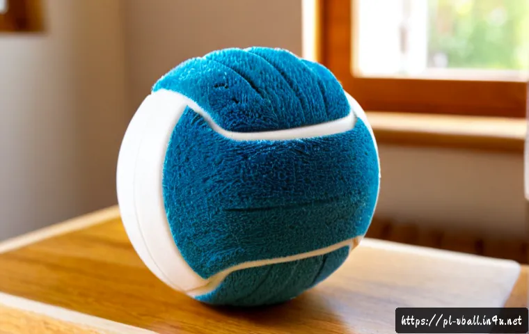 배구 장비 유지 관리법 - Photorealistic close-up of a clean volleyball being gently wiped with a soft microfiber cloth on a t...