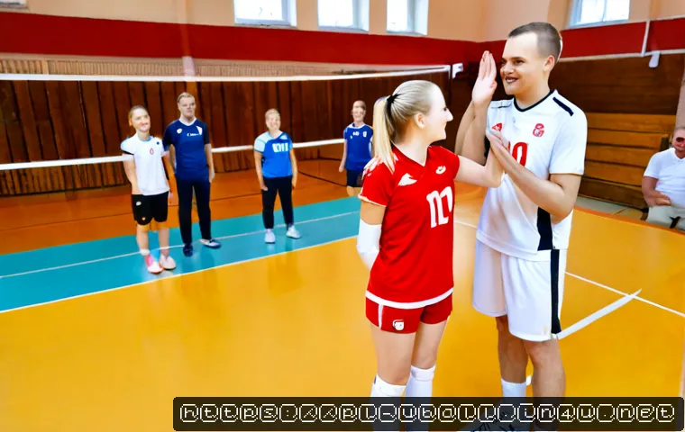 배구의 문화적 의미 - Photorealistic indoor volleyball match in a Polish community sports hall, diverse teenage and adult ...