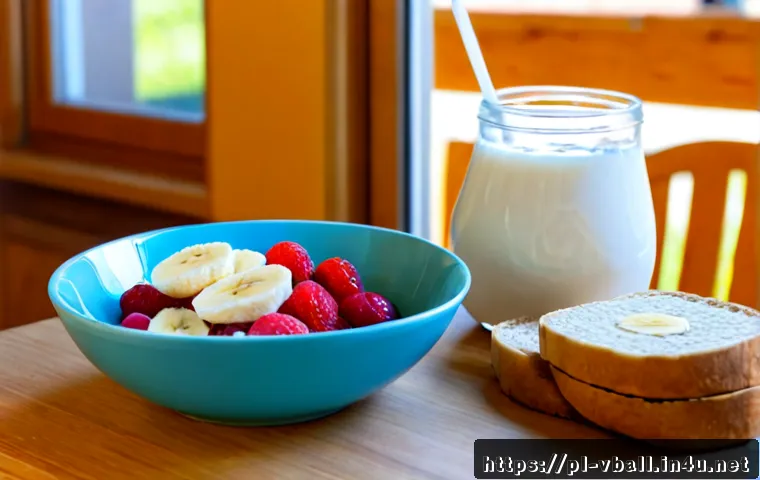 배구 경기 전 최적의 식단 - Photorealistic pre-volleyball meal on a clean wooden kitchen table in Poland: a bowl of oatmeal with...